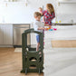 Boy Standing on Little Partners The Learning Tower Olive Green, Pretend Cooking