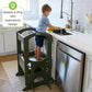 Boy Standing on Little Partners The Learning Tower Olive Green, Washing Toys