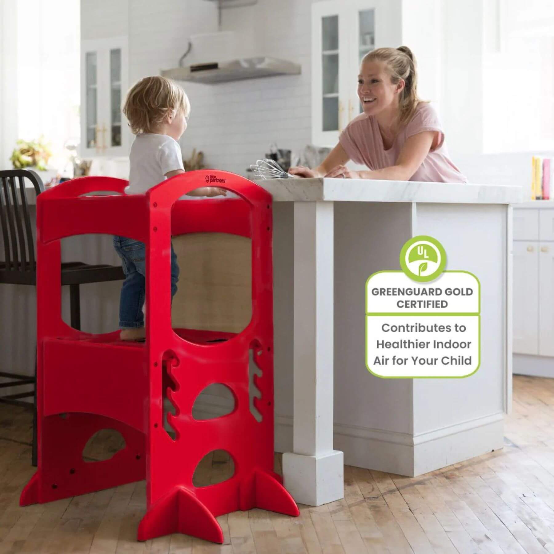 Boy Standing on Little Partners The Learning Tower Red, Help Mom with Cook