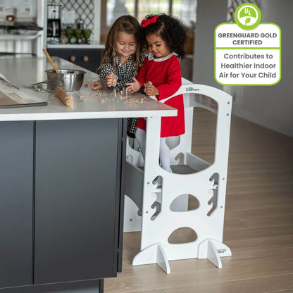 Two Girls Standing on the Same Little Partners The Learning Tower White, Pretending Cook