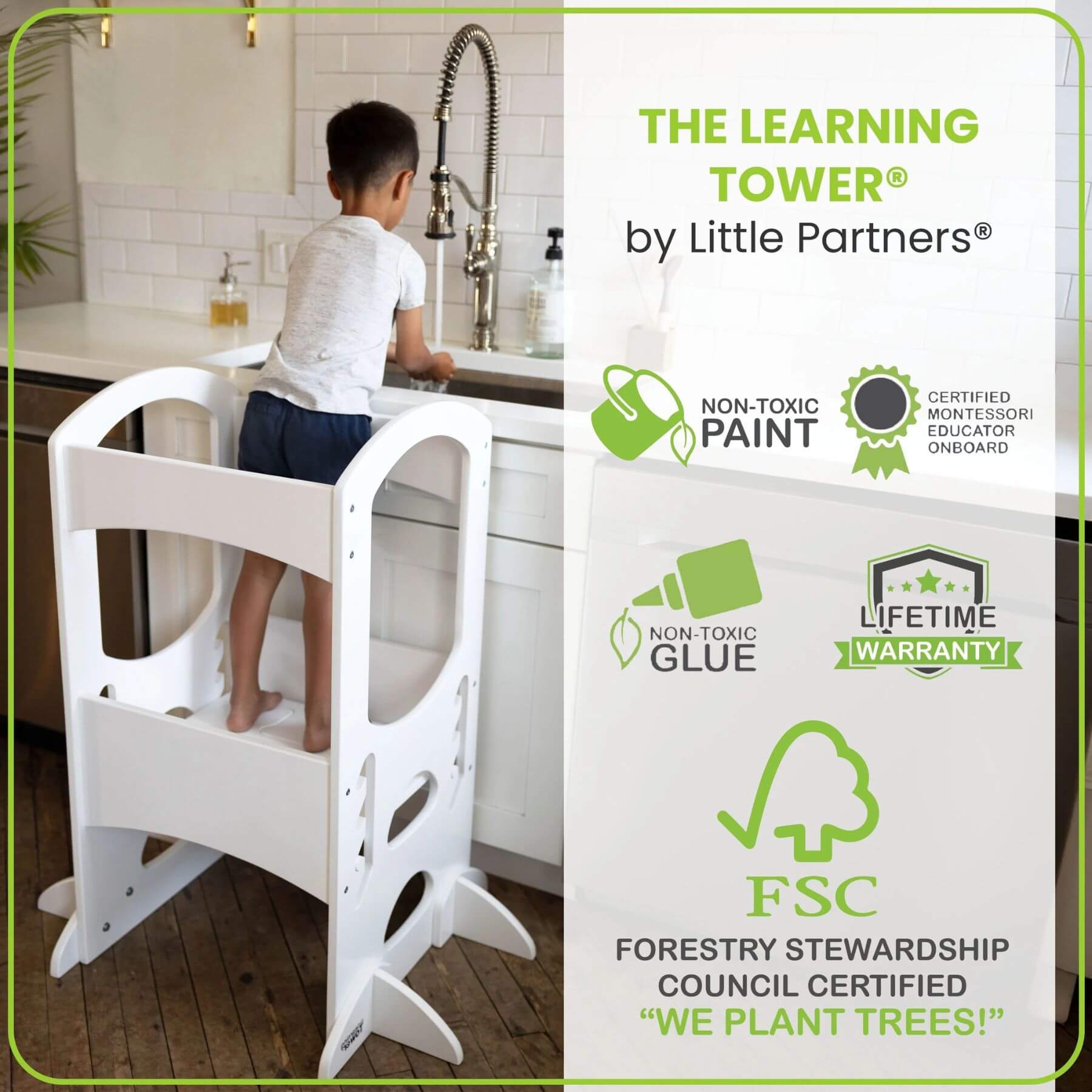 Boy Standing on Little Partners The Learning Tower White, Washing Hands