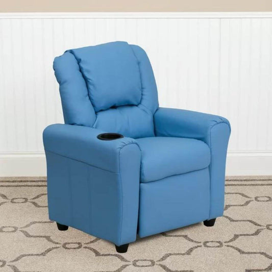 Flash Furniture Contemporary Light Blue Vinyl Kids Recliner | Cup Holder and Headrest