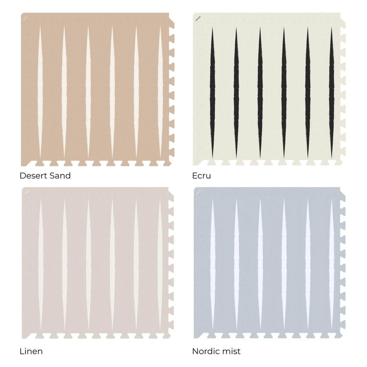 Four playmat swatch panels arranged in a 2x2 grid, labeled Desert Sand, Ecru, Linen, and Nordic mist. Each panel shows a woven textile with vertical ribbed texture and jagged cut edges.