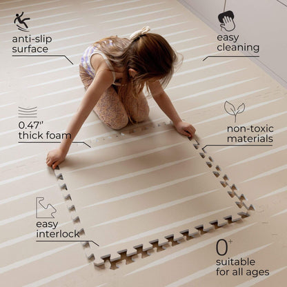 Child playing on Eeveve Lucio Play Mat - Desert Sand with text highlighting features like anti-slip surface, easy cleaning, non-toxic materials, and easy interlock.