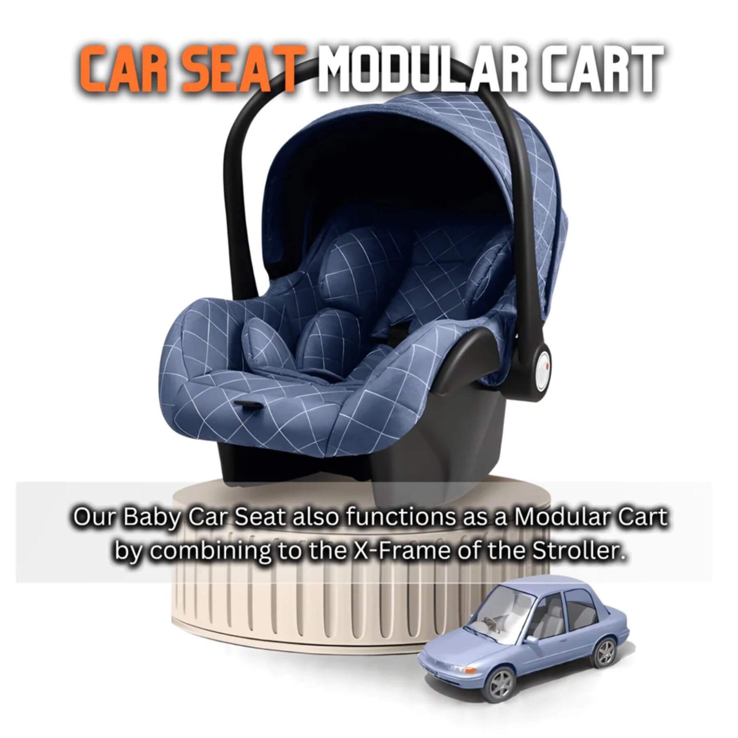 Blue baby car seat with modular cart feature on a white background