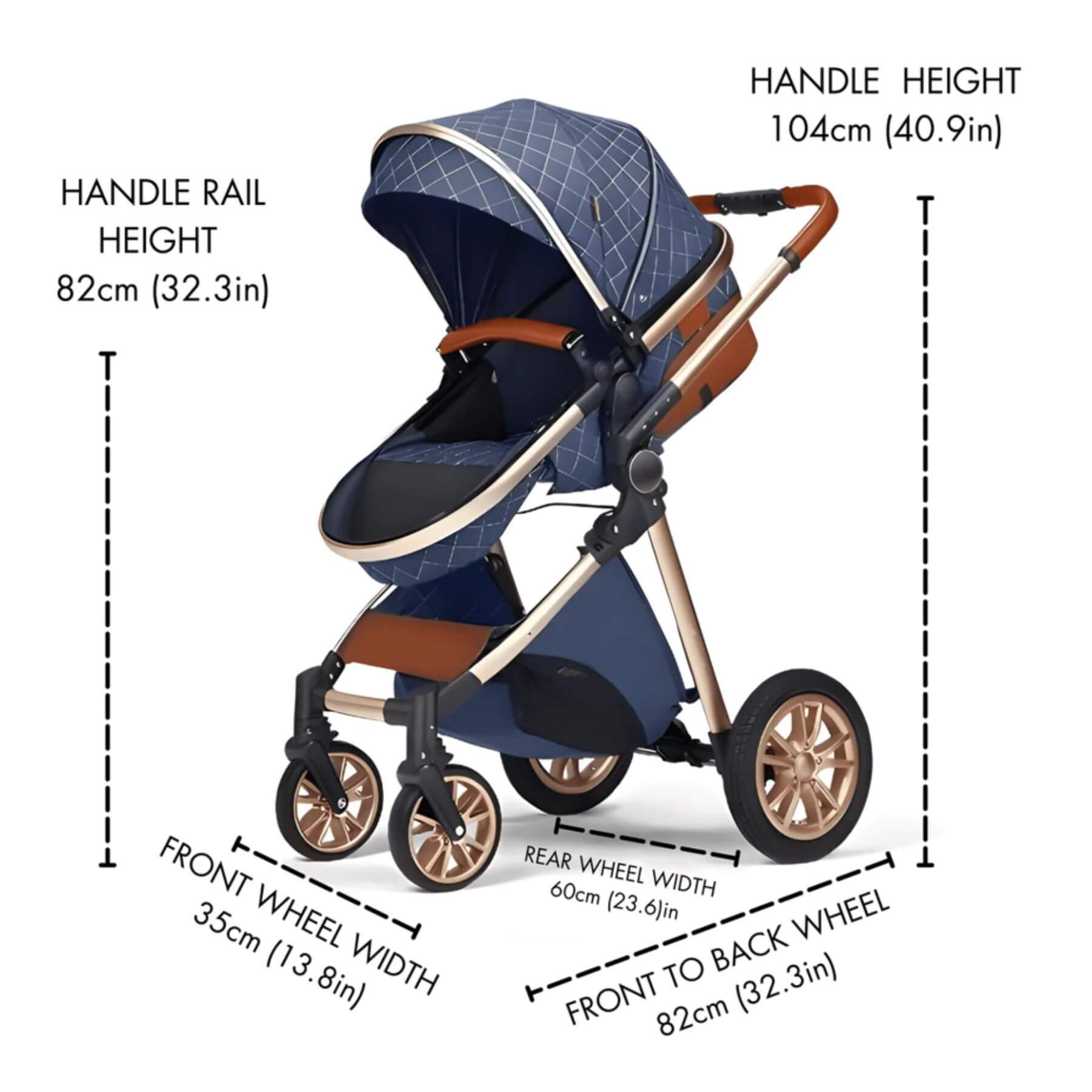 Measurement chart of a blue stroller with dimensions labeled