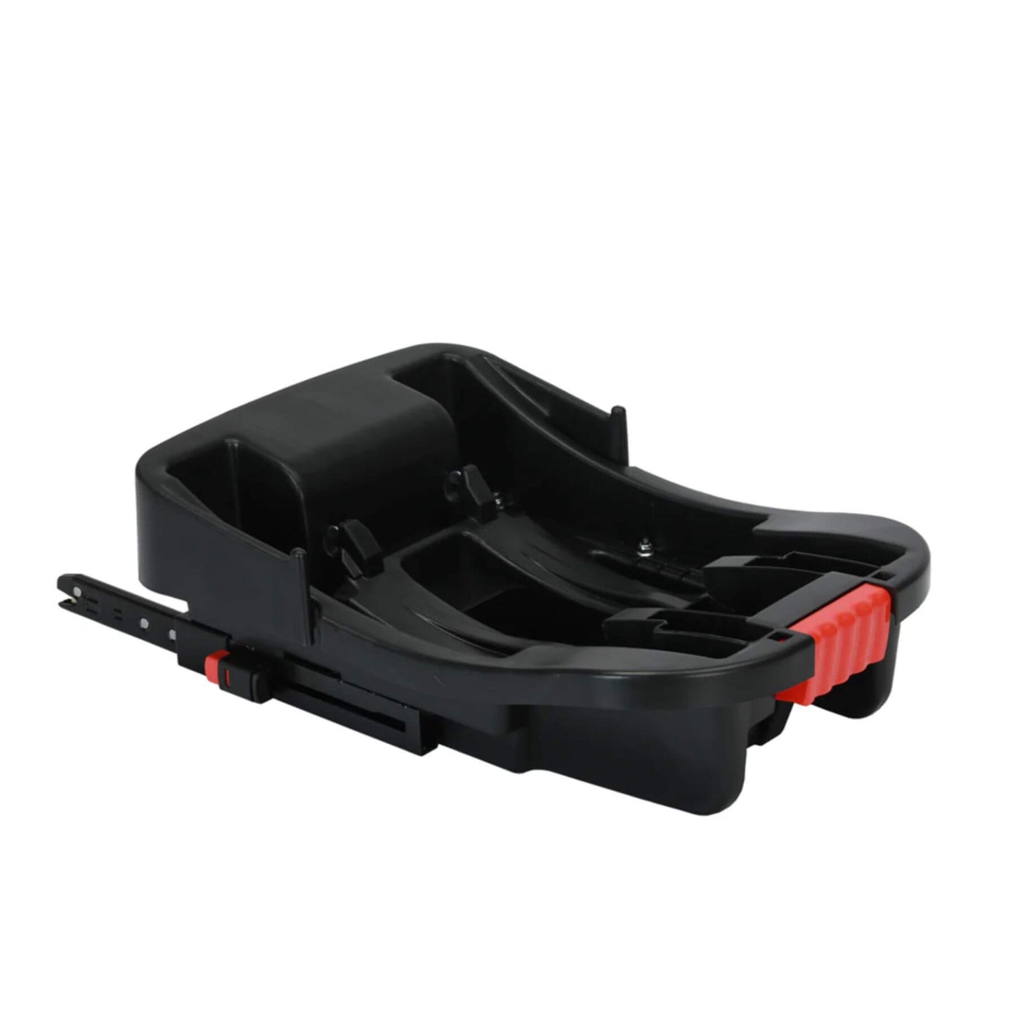 Black and red car seat base on a white background