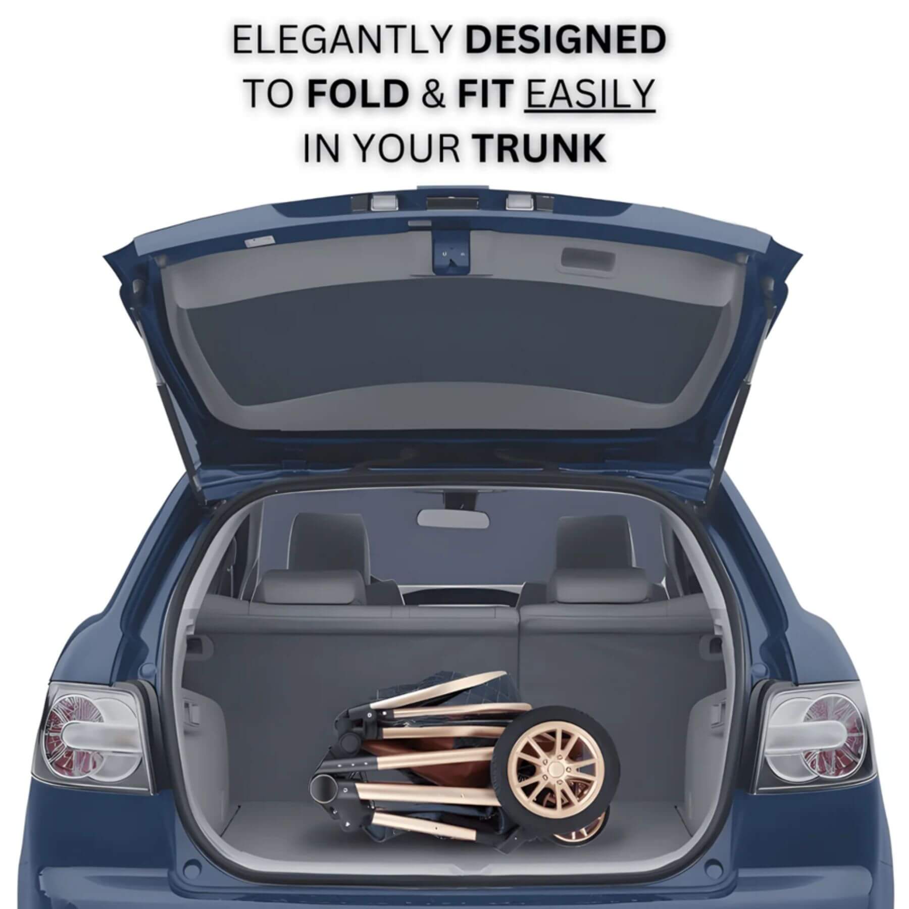 Car trunk with a folded stroller inside, text 'Elegantly designed to fold & fit easily in your trunk'.