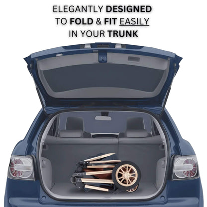Car trunk with a folded stroller inside, text 'Elegantly designed to fold & fit easily in your trunk'.