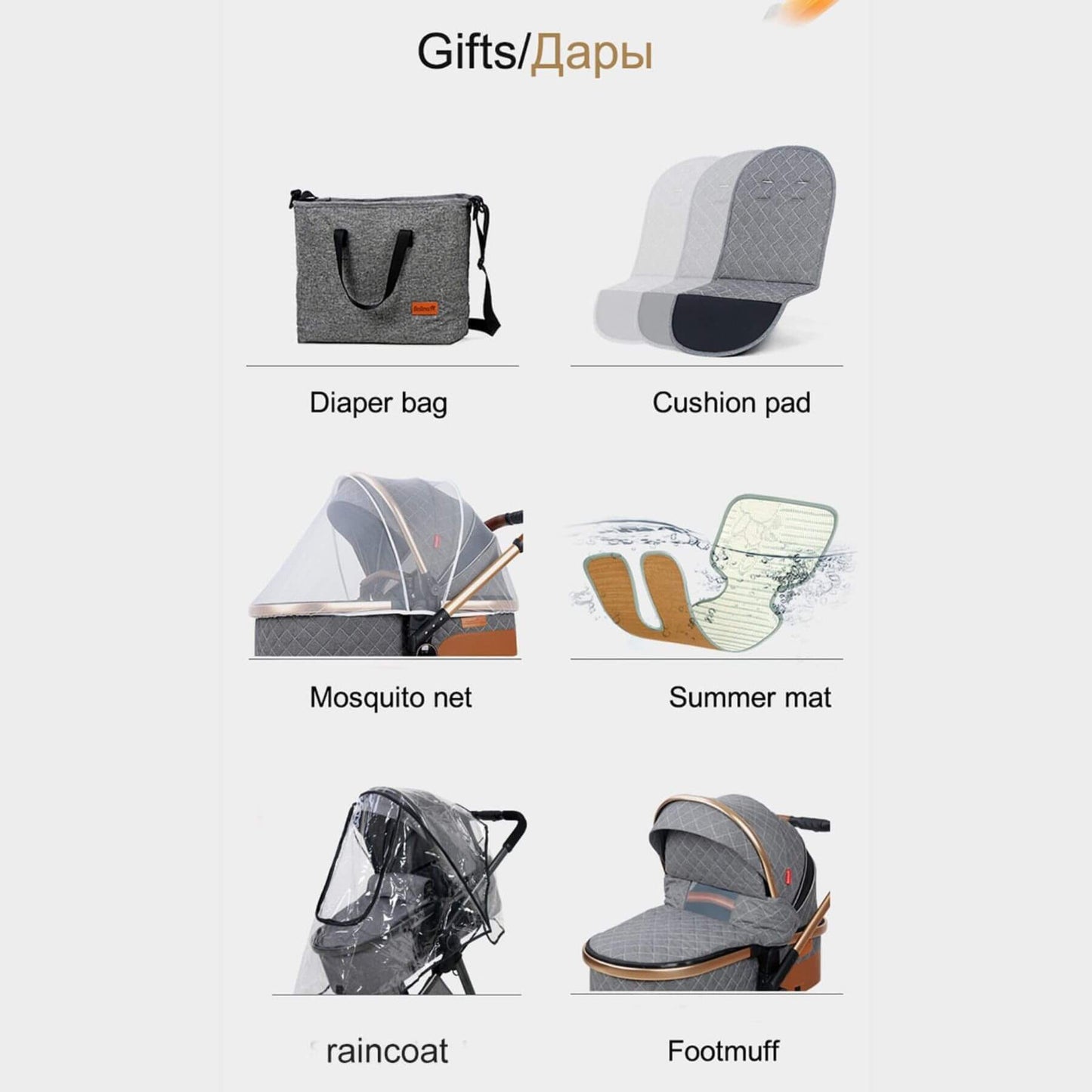 List of baby products including diaper bag, cushion pad, mosquito net, summer mat, raincoat, and footmuff on a white background.
