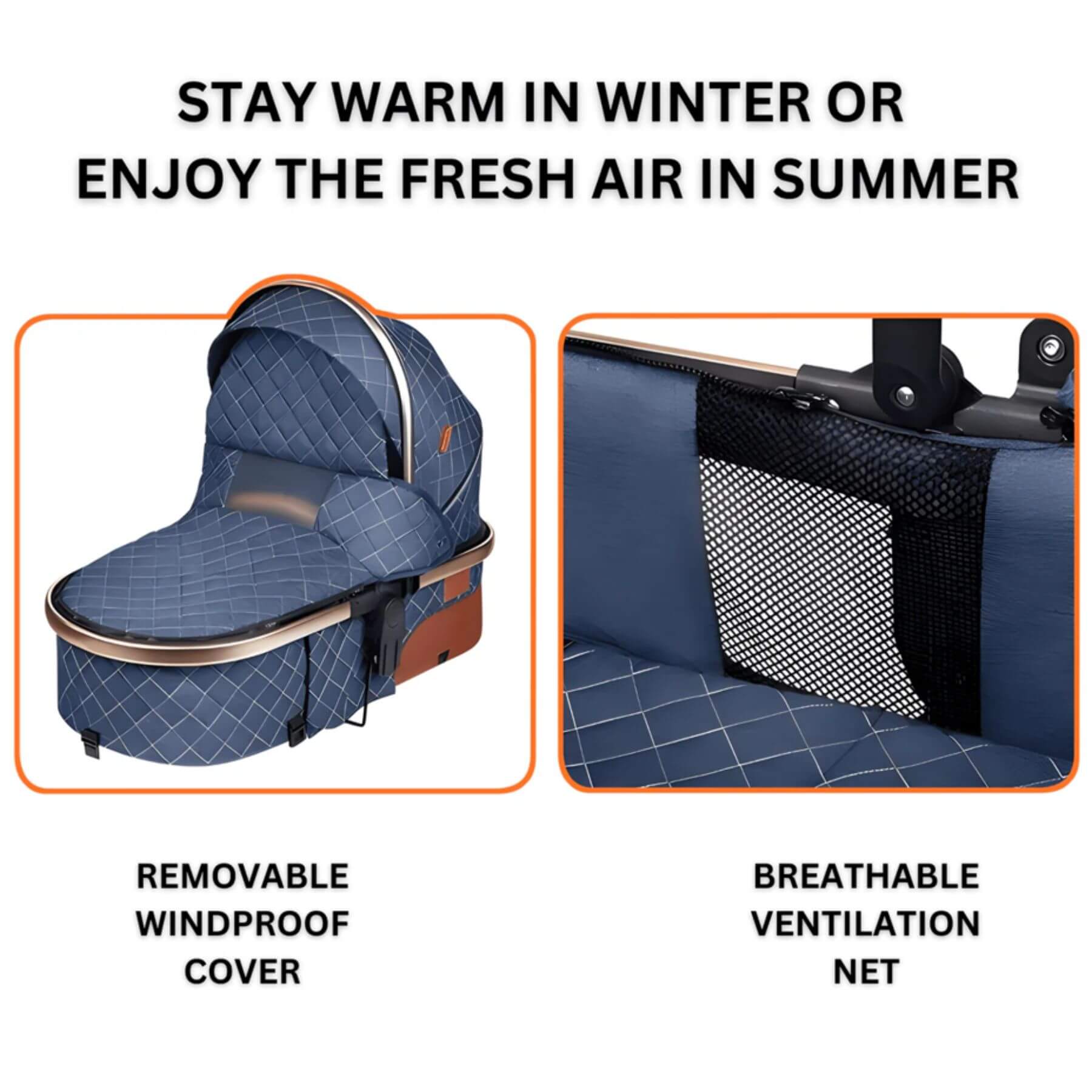 Blue baby carrier with removable windproof cover and breathable ventilation net, text indicating use in winter or summer.