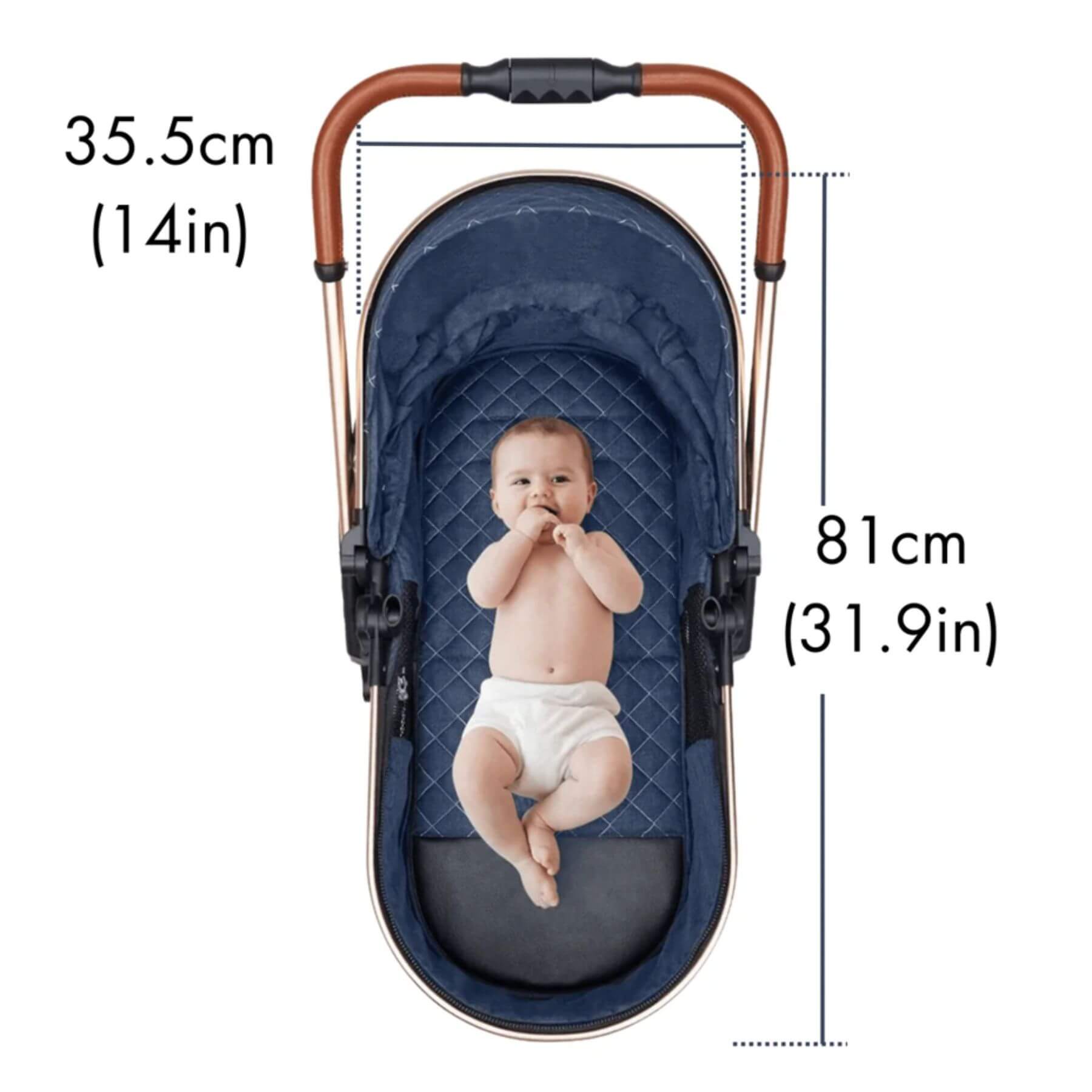 Navy blue baby stroller with dimensions labeled, featuring a baby inside.