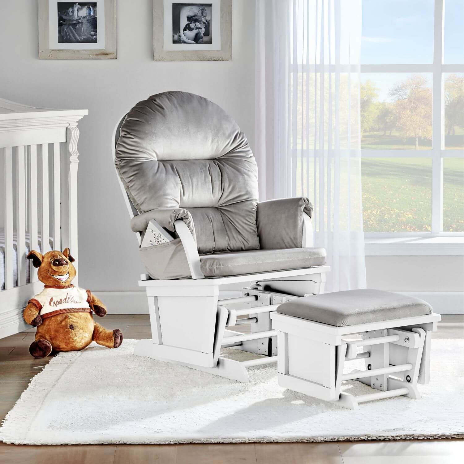 Madison Glider and Ottoman White Wood and Gray Fabric