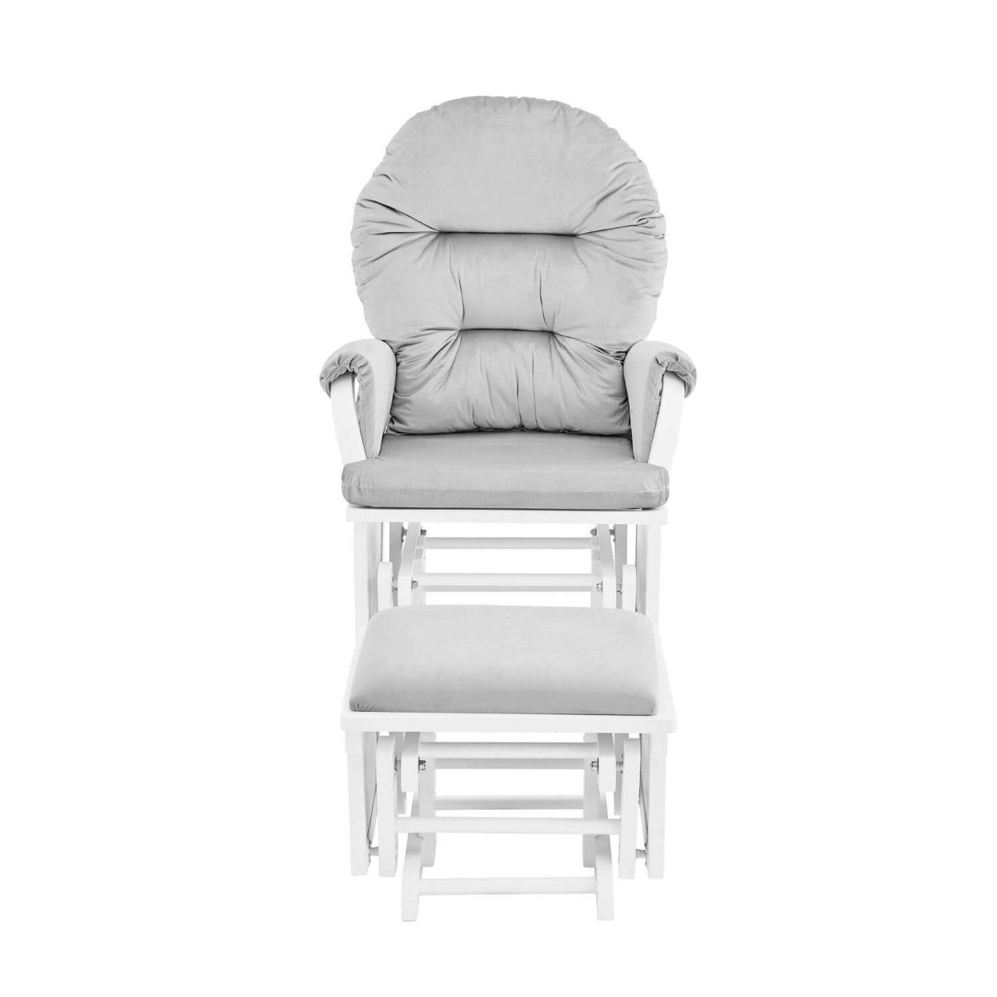 Front View of Madison Glider and Ottoman White Wood and Gray Fabric