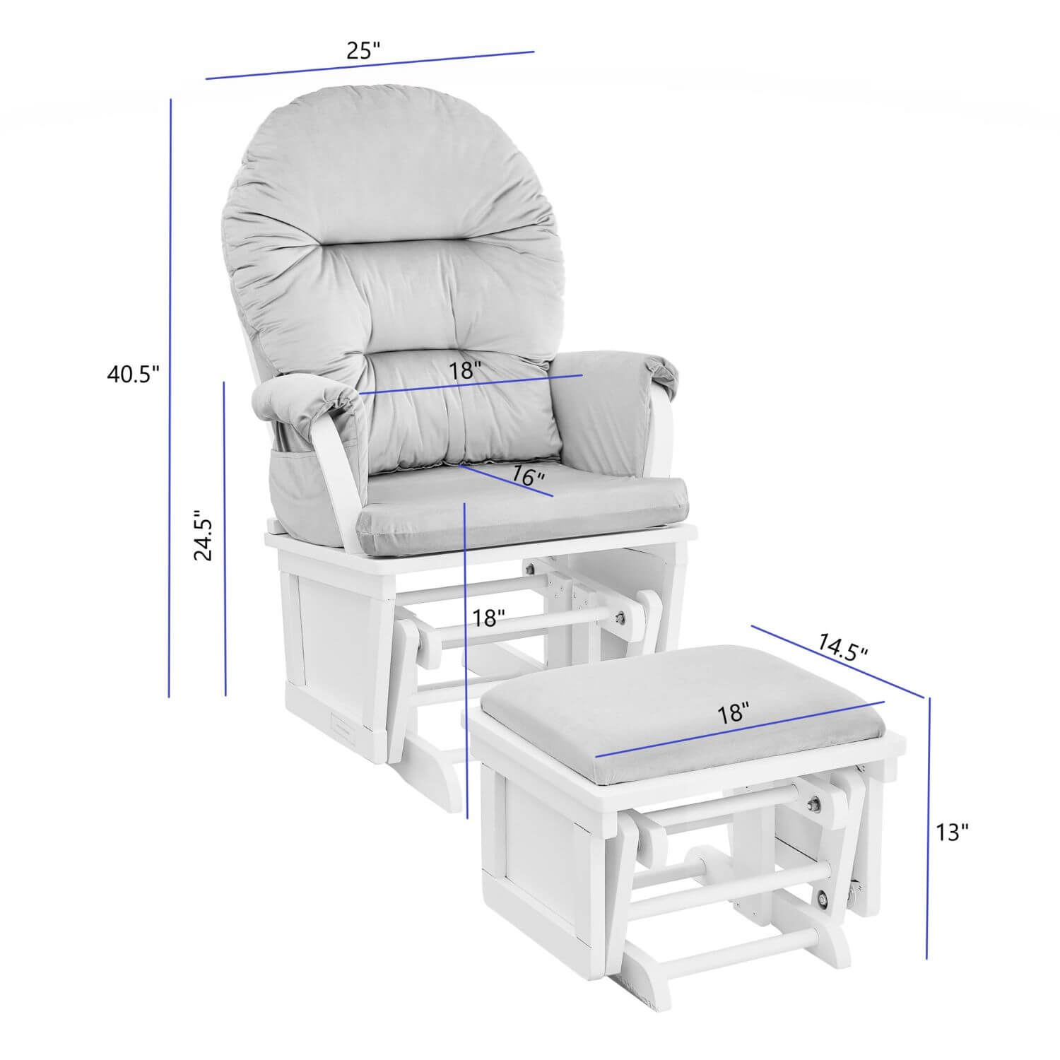 Madison Glider and Ottoman White Wood and Gray Fabric