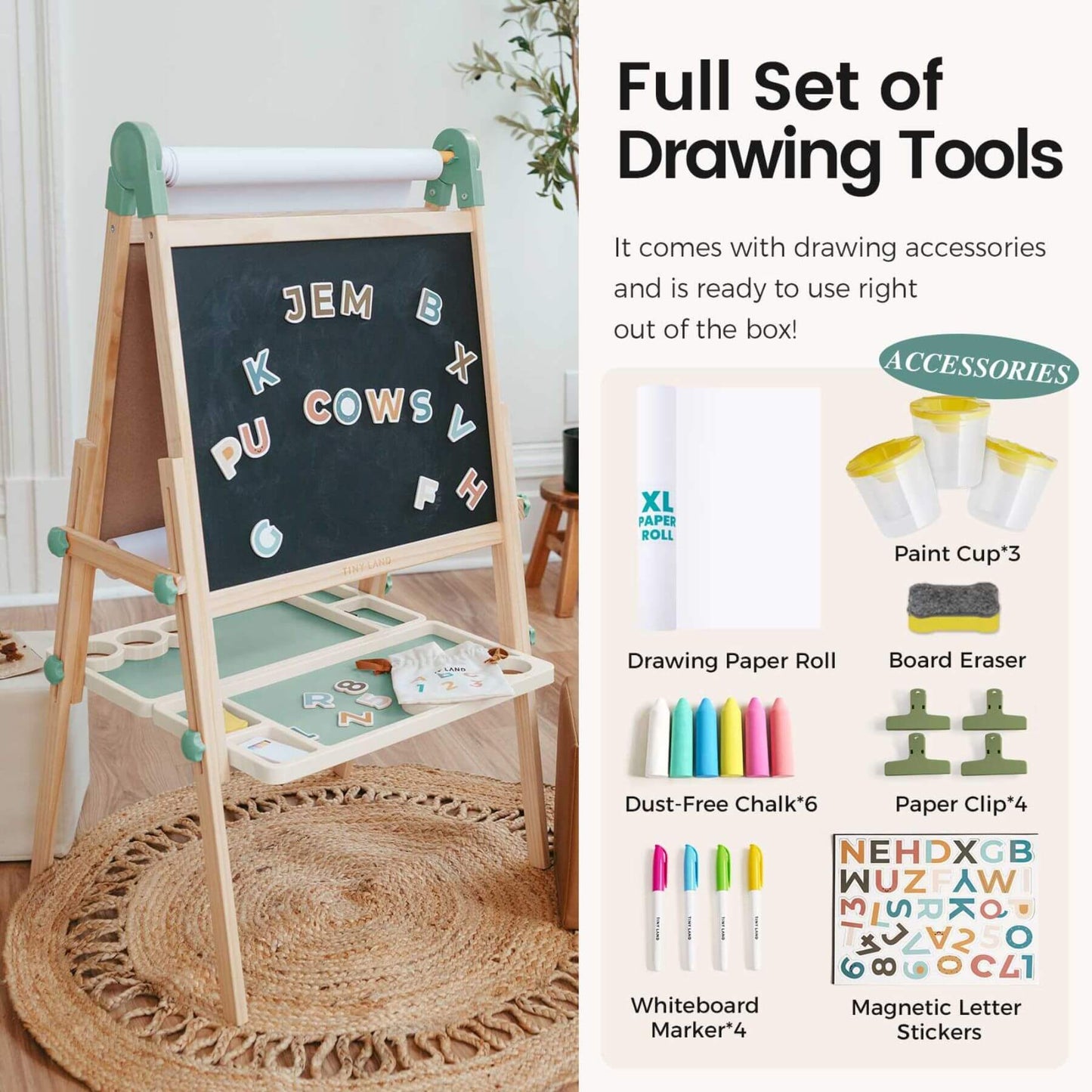 Tiny Land® Magnitales Easel for Kids - Green, colorful letters, and accessories on a white background.