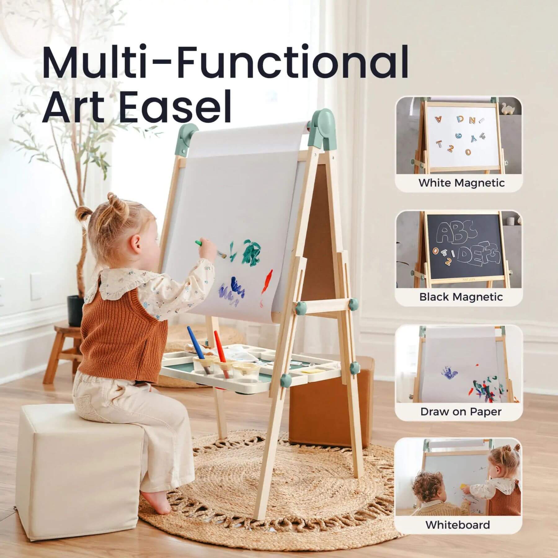 Child using Tiny Land® Magnitales Easel for Kids - Green with various surfaces
