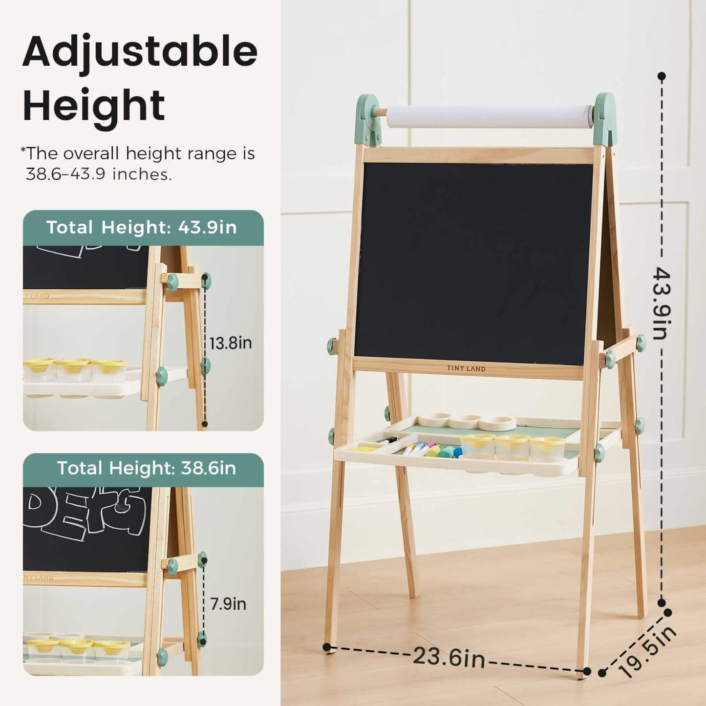 Tiny Land® Magnitales Easel for Kids - Green, showing measurements.