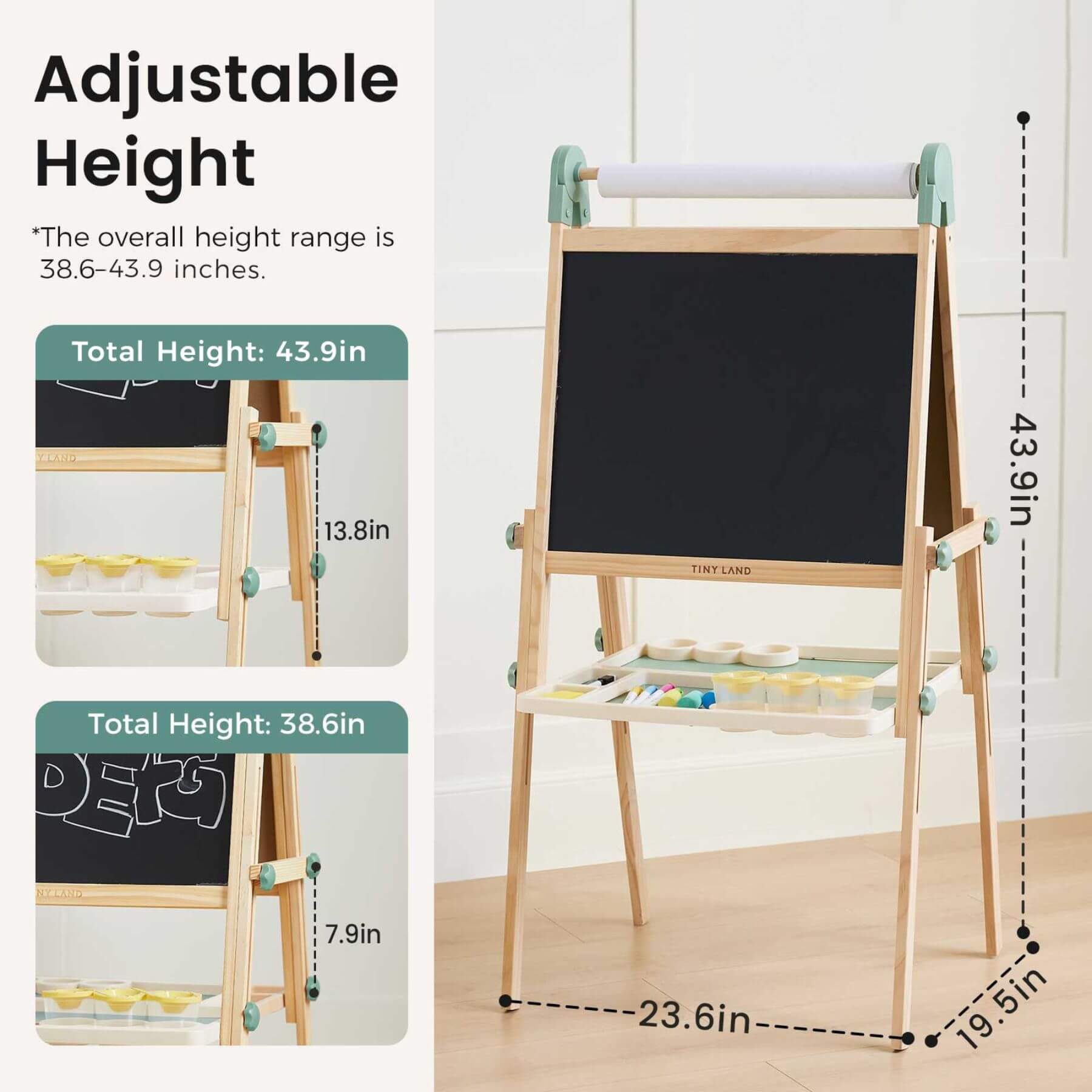 Tiny Land® Magnitales Easel for Kids - Green, showing measurements.