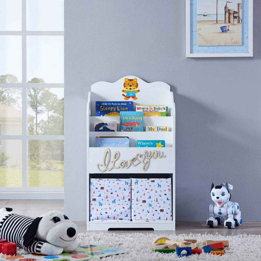 Maison Kids Bookcase with Toy Storage with books and toys in a room with a window and framed picture on the wall.