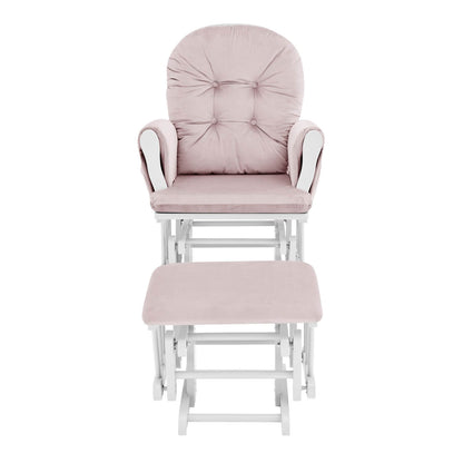 Front View of Mason Glider and Ottoman White Wood and Pink Fabric