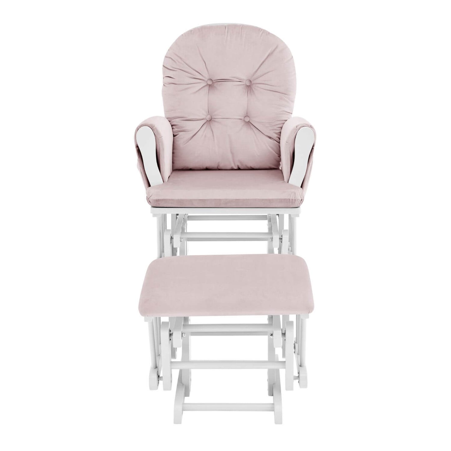 Front View of Mason Glider and Ottoman White Wood and Pink Fabric