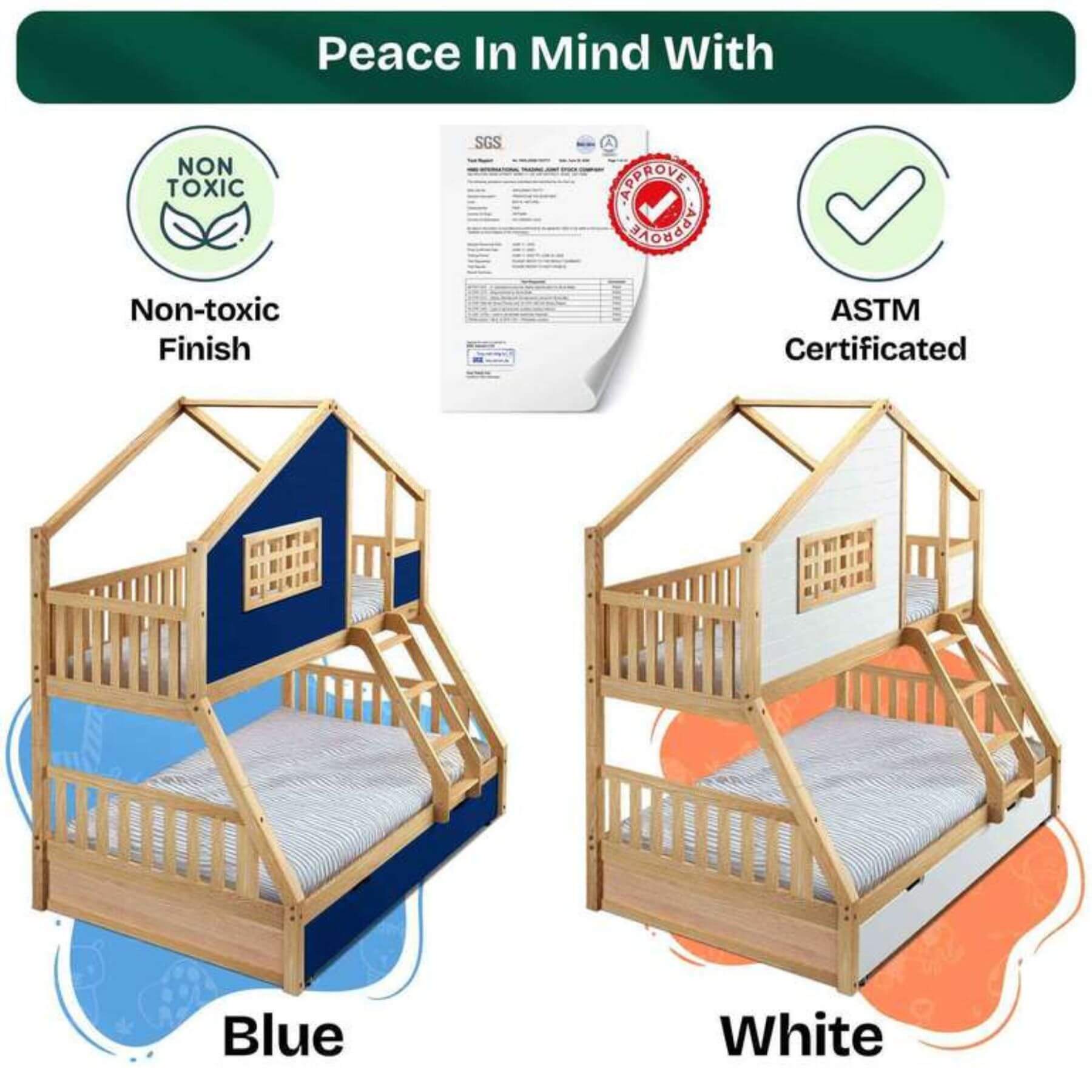 Two Megsu Treehouse Kid Bunk Beds, one blue and one white, with certification logos and text indicating non-toxic finish and ASTM certification.