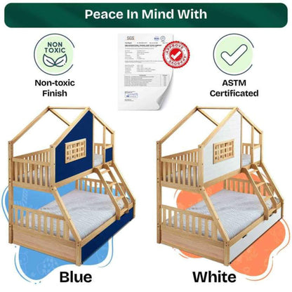 Two Megsu Treehouse Kid Bunk Beds, one blue and one white, with certification logos and text indicating non-toxic finish and ASTM certification.