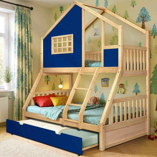 Megsu Treehouse Kid Bunk Bed navy in a room decorated with tree-themed wallpaper.
