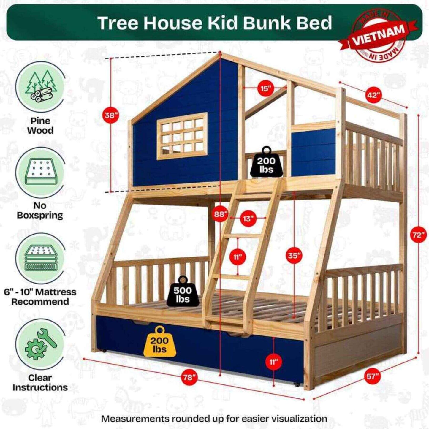 Megsu Treehouse Kid Bunk Bed navy with dimensions and features on a white background