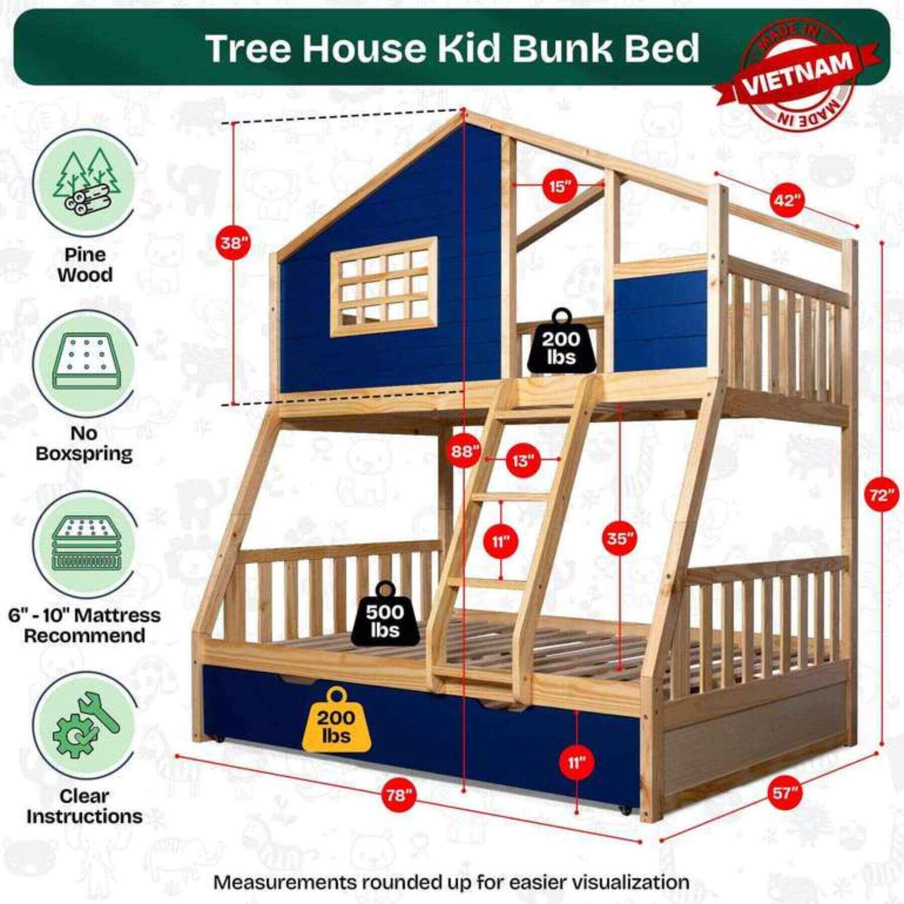 Megsu Treehouse Kid Bunk Bed navy with dimensions and features on a white background