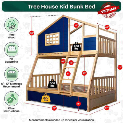Megsu Treehouse Kid Bunk Bed navy with dimensions and features on a white background