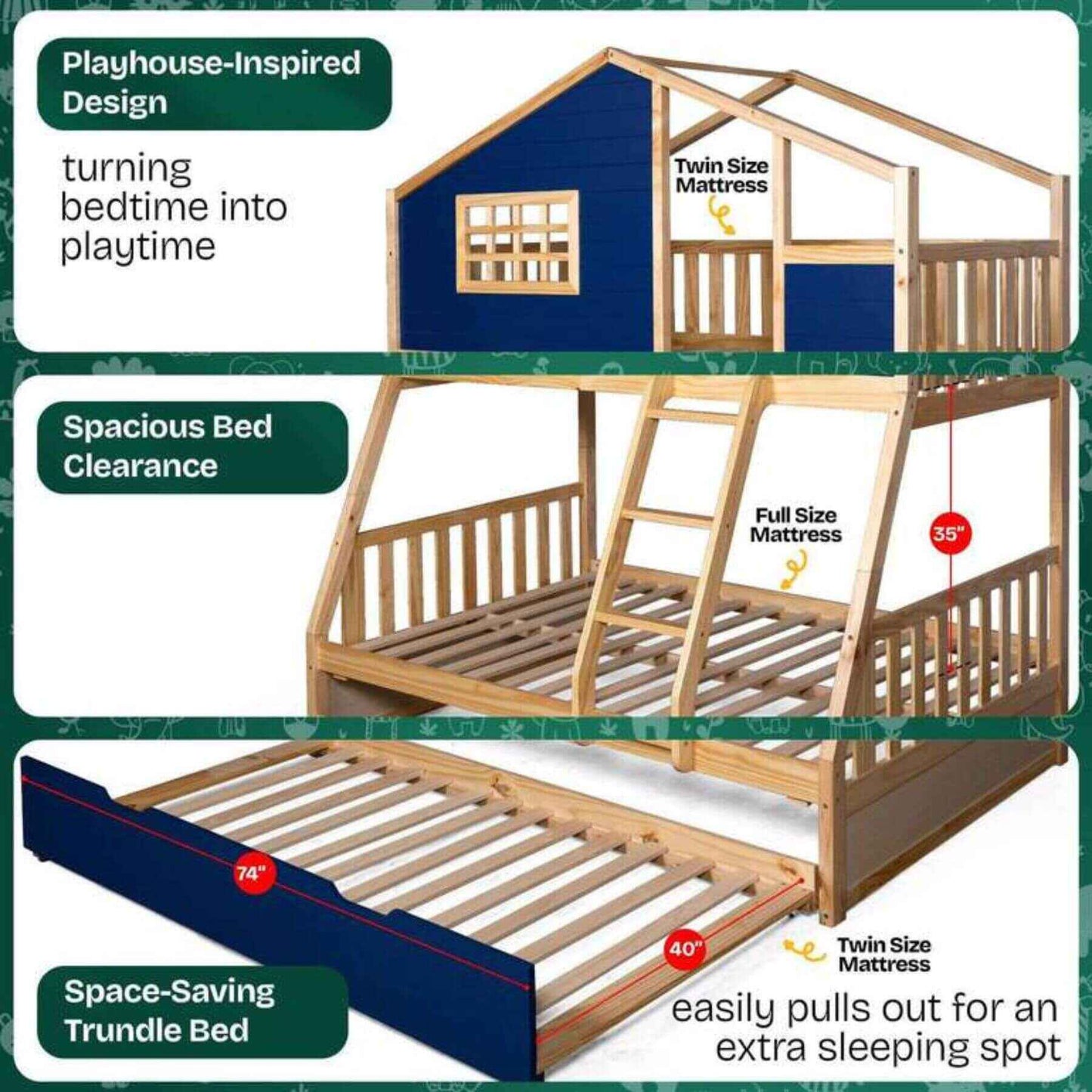 Megsu Treehouse Kid Bunk Bed navy, featuring a trundle bed and mattress options.