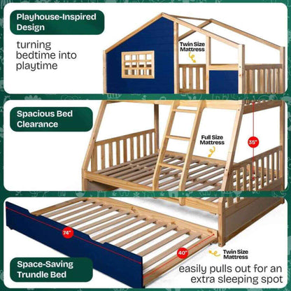 Megsu Treehouse Kid Bunk Bed navy, featuring a trundle bed and mattress options.