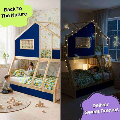 Megsu Treehouse Kid Bunk Bed navy, decorated with lights and toys.