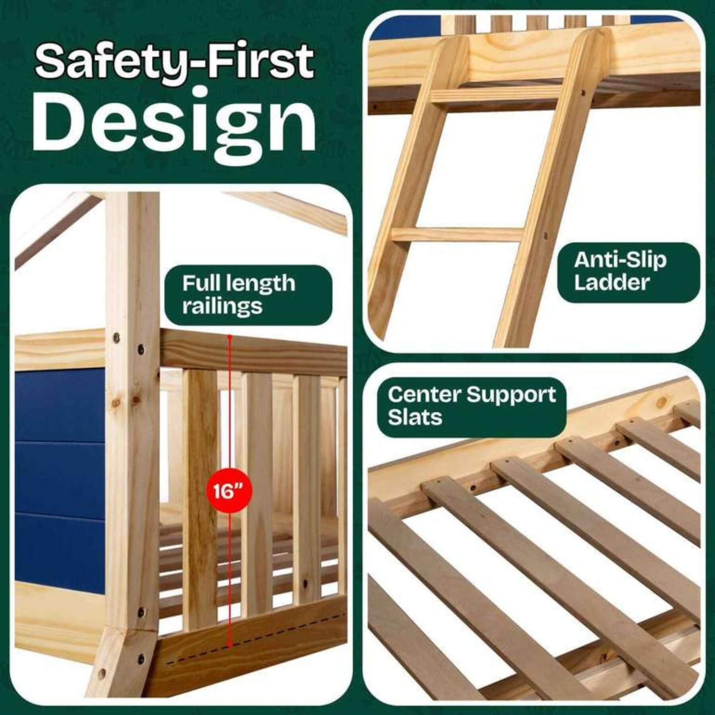 Safety features of Megsu Treehouse Kid Bunk Bed navy