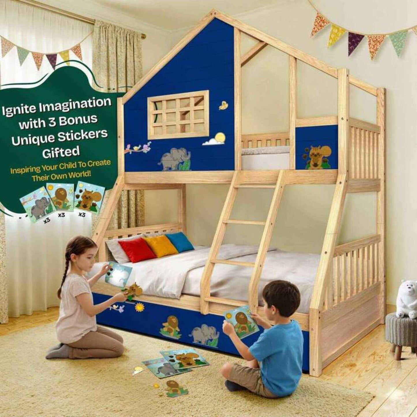 Children playing with educational toys on Megsu Treehouse Kid Bunk Bed navy in a room.