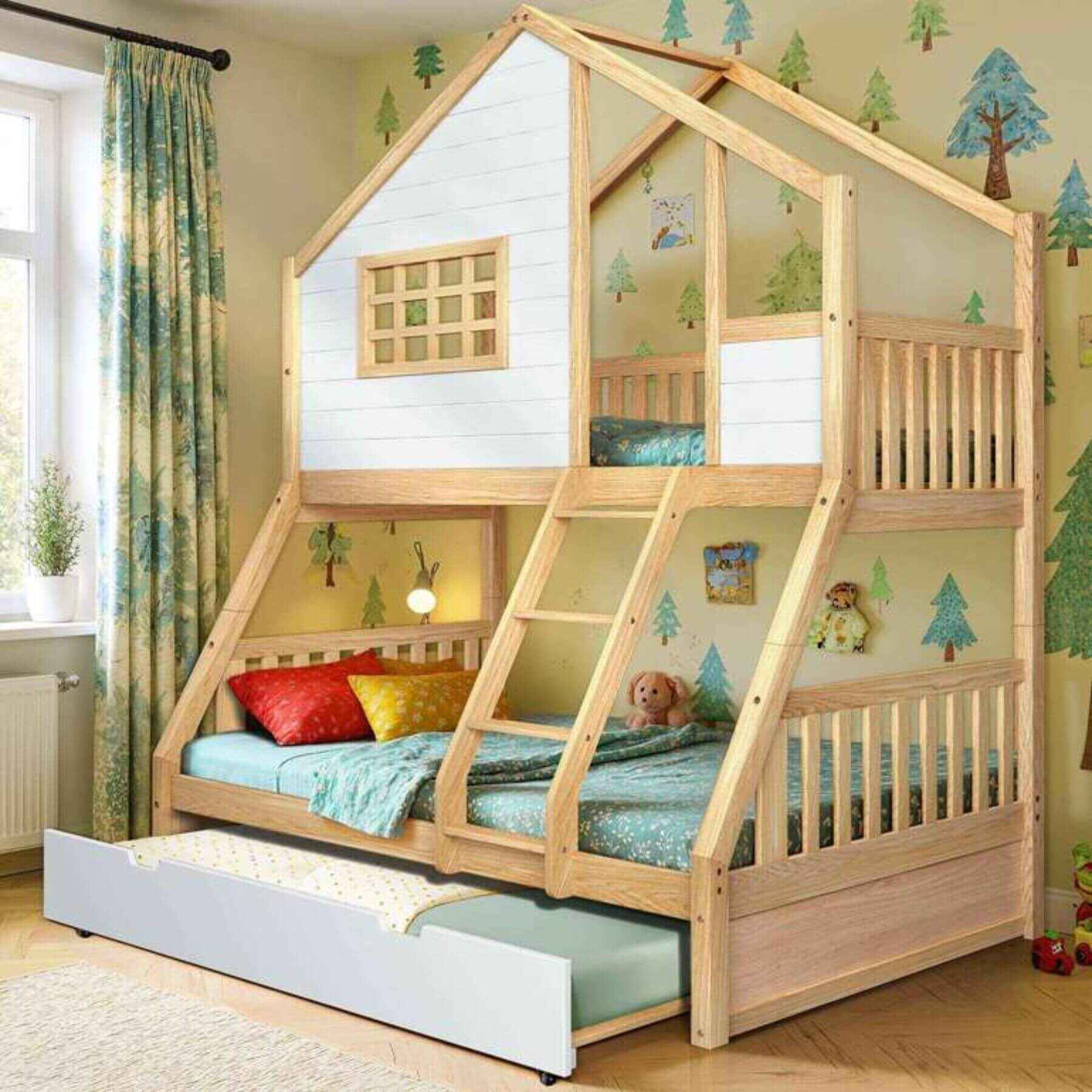Megsu Treehouse Kid Bunk Bed white with a ladder in a room decorated with tree-themed wallpaper.