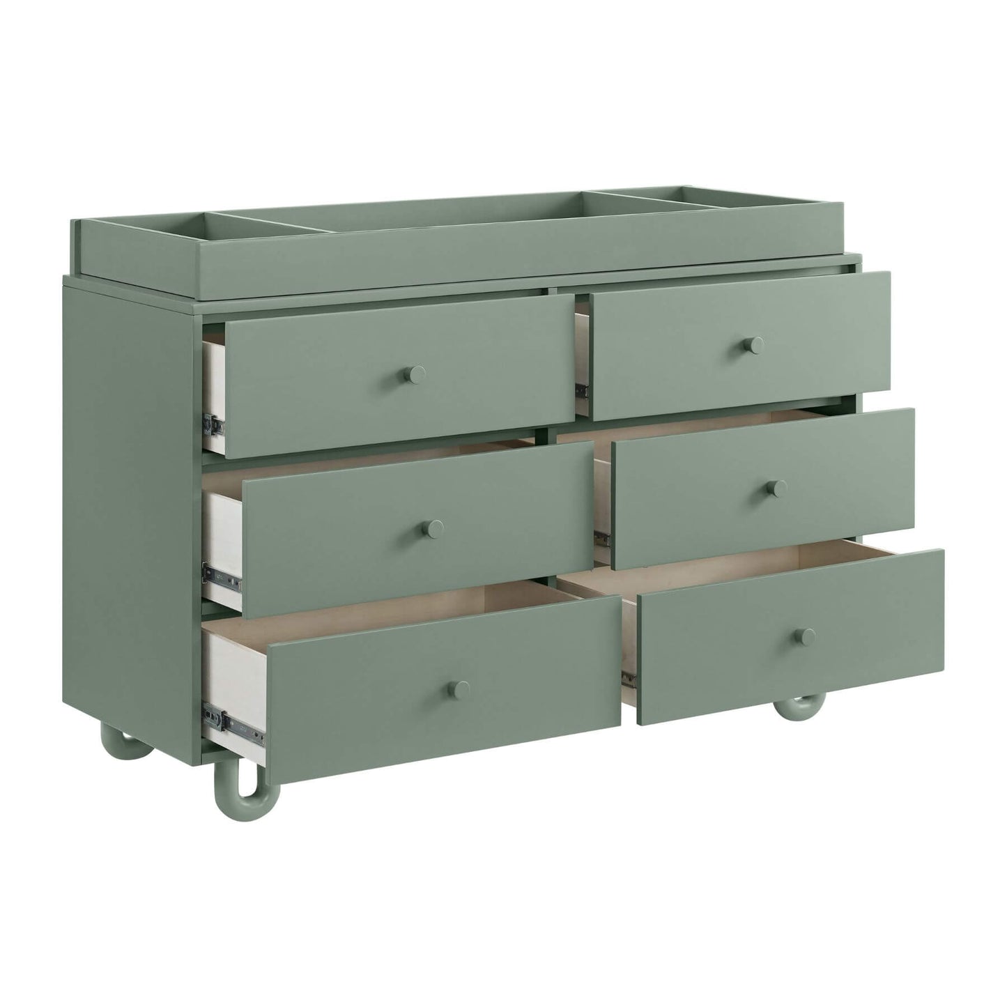 Soho Baby Meridian 6 Drawer Dresser - Olive Green with matching topper and open drawers