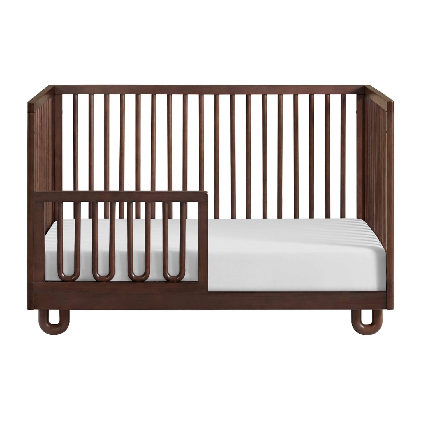 Soho Baby Meridian Island Crib - Cognac with white mattress on a white background