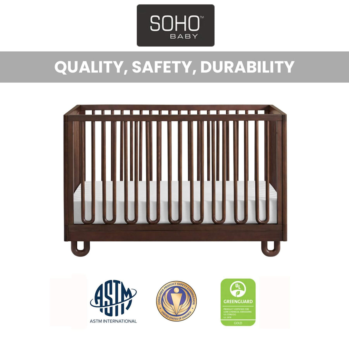 Soho Baby Meridian Island Crib - Cognac and a white mattress, shown on a white background with the SOHO BABY logo at the top and certification badges at the bottom.