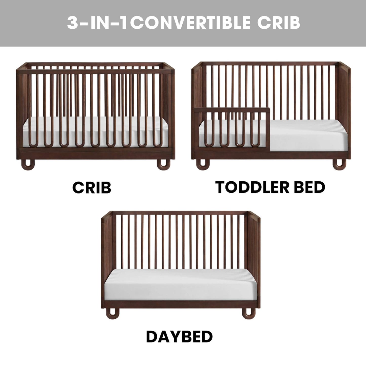 Soho Baby Meridian Island Crib - Cognac shown in three views: crib, toddler bed, and daybed, in dark brown wood with white mattresses. The image includes a gray header reading '3-IN-1 CONVERTIBLE CRIB' and labels for each mode.