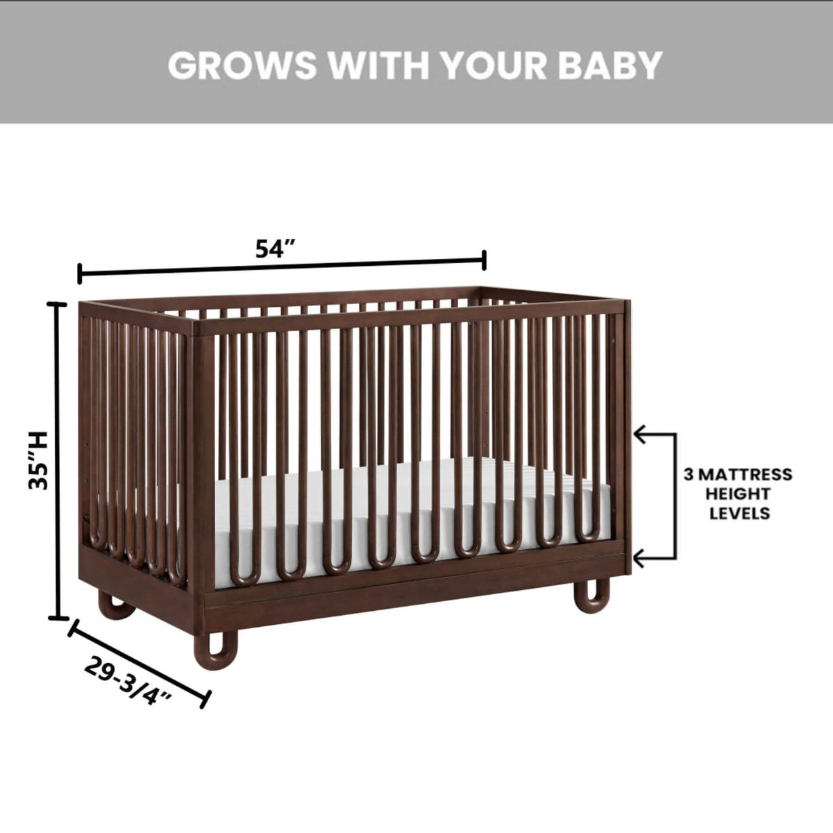 Soho Baby Meridian Island Crib - Cognac with dimensions and mattress height levels on a white background