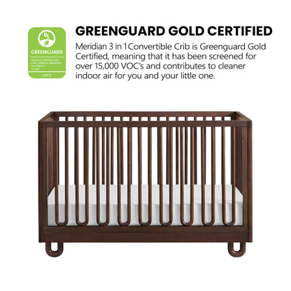 Soho Baby Meridian Island Crib - Cognac and a white mattress, shown on a white background with a green and black GreenGuard Gold Certified badge and text above it.