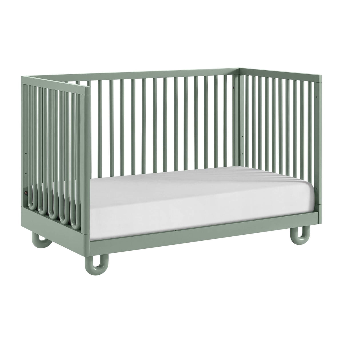 Soho Baby Meridian Island Crib - Olive Green and a white mattress, shown from a three-quarter angle on a solid white background.