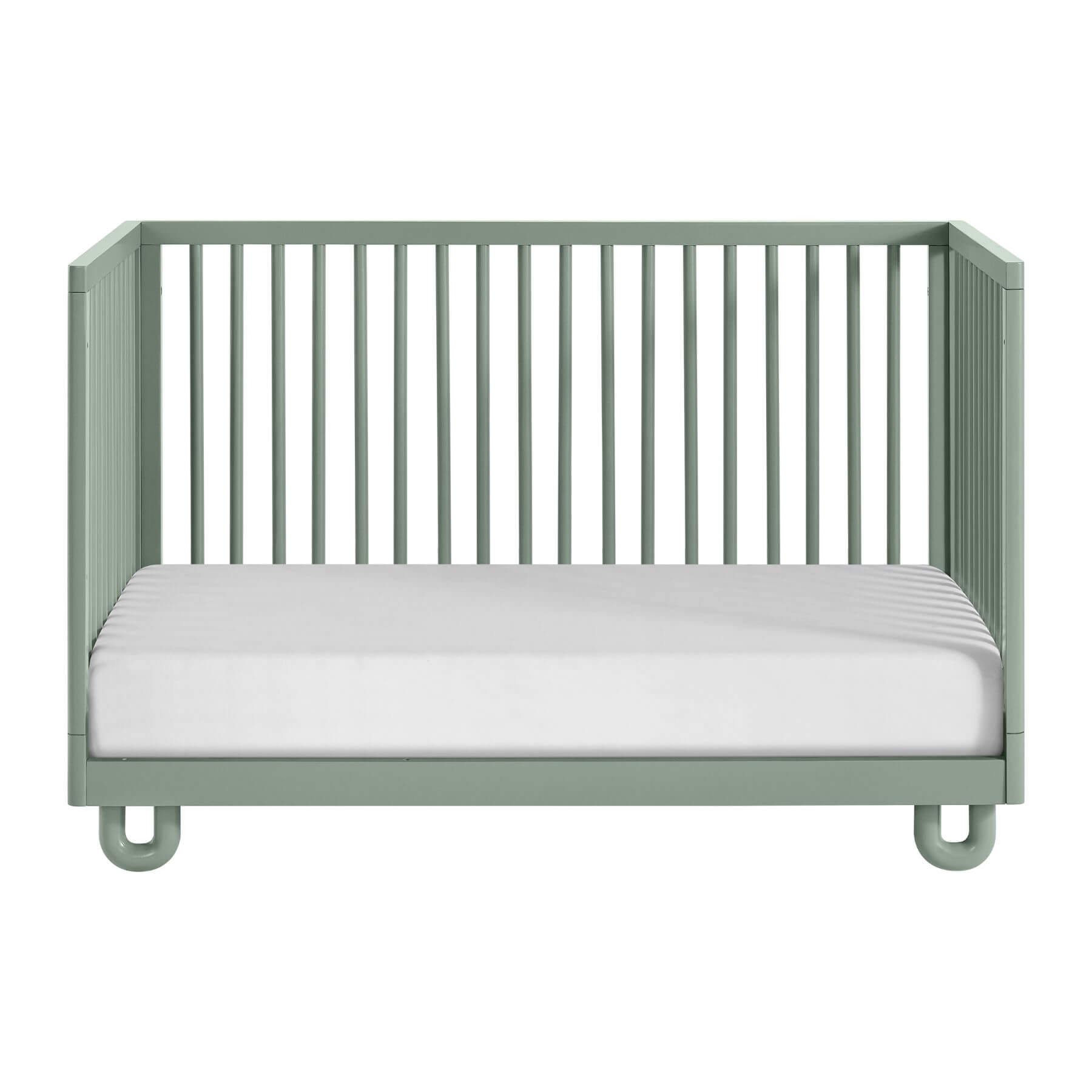 Soho Baby Meridian Island Crib - Olive Green, shown with a white mattress on a plain white background.