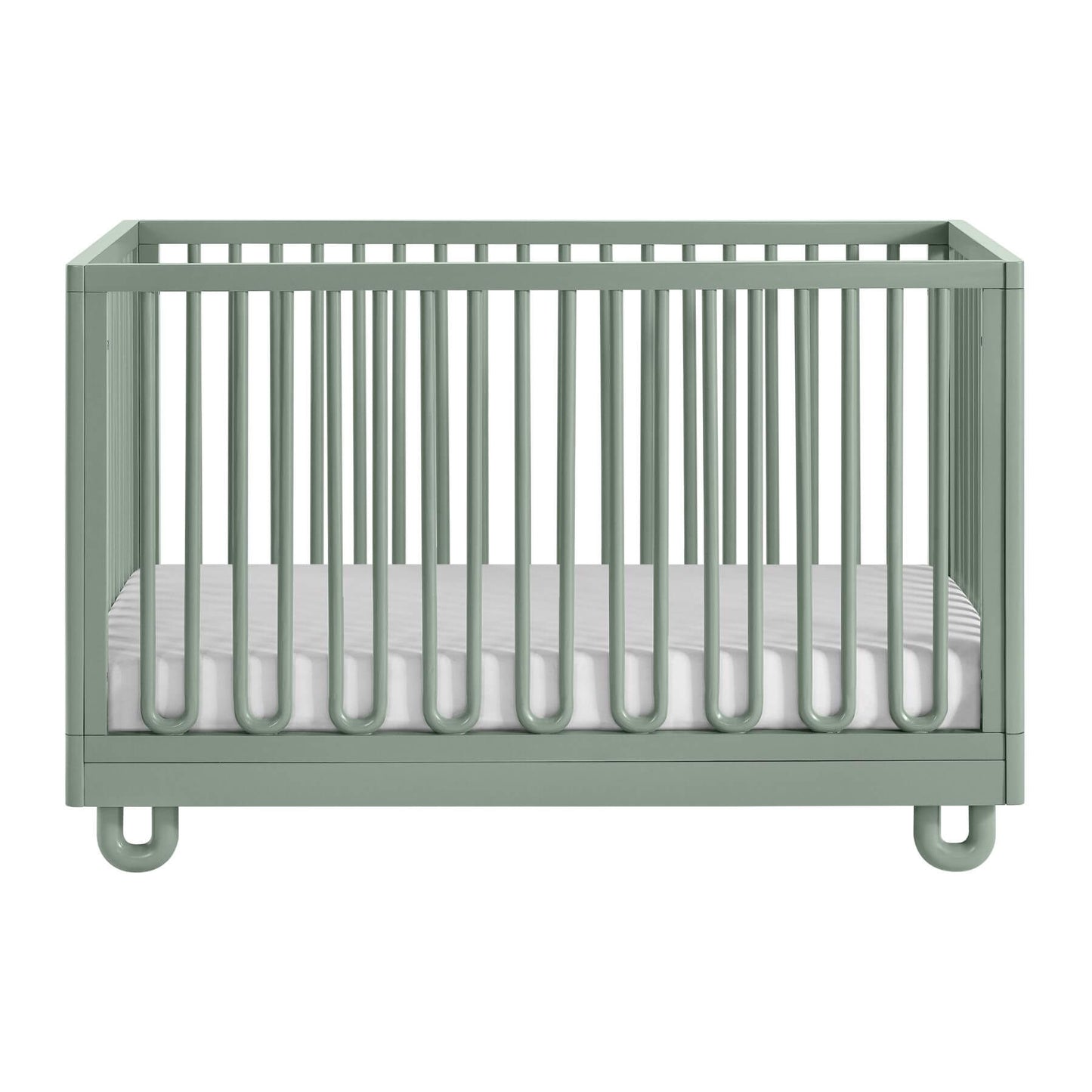 Soho Baby Meridian Island Crib - Olive Green, shown with a white mattress on a solid white background.