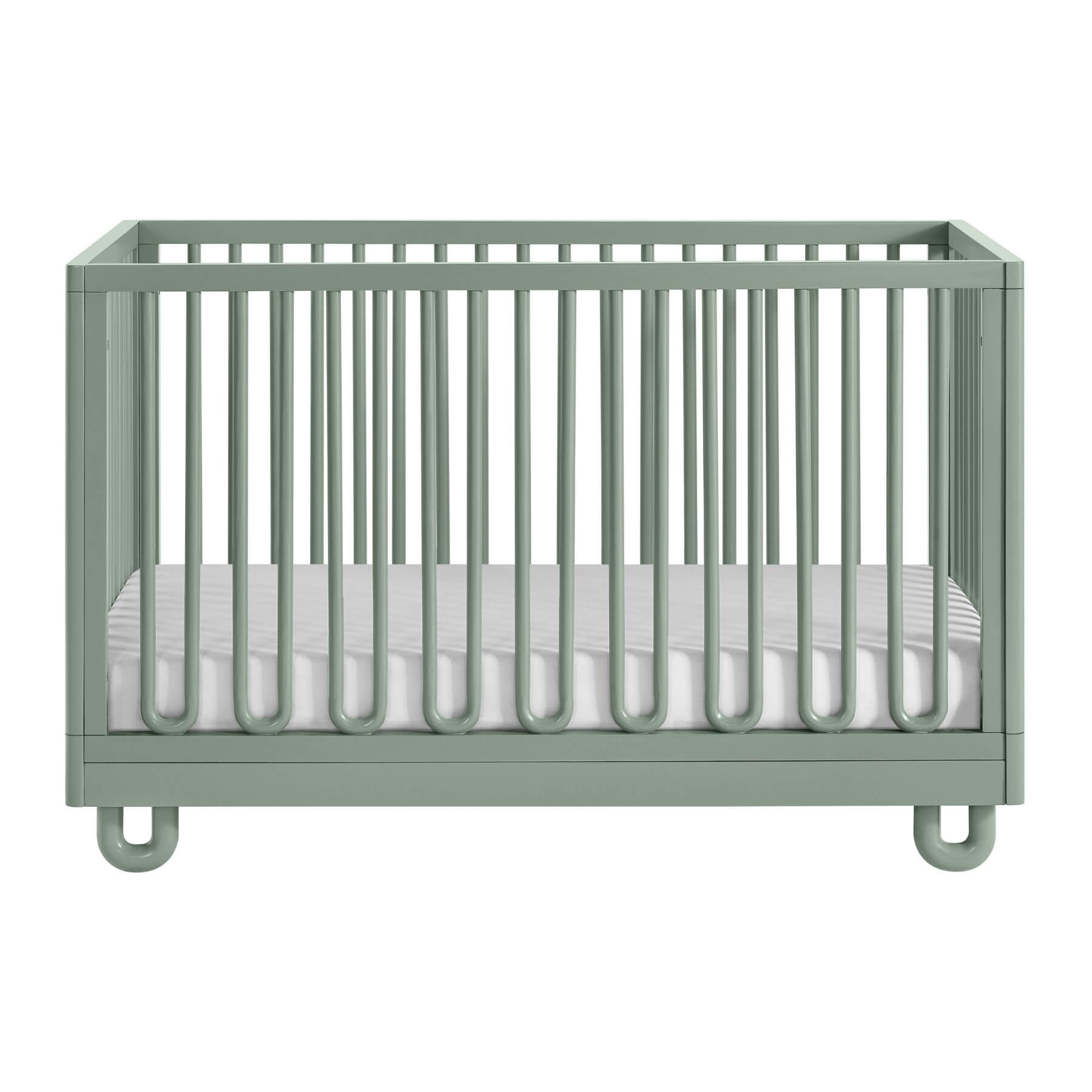 Soho Baby Meridian Island Crib - Olive Green, shown with a white mattress on a solid white background.