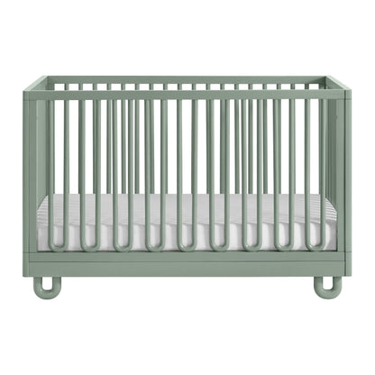 Soho Baby Meridian Island Crib - Olive Green, shown with a white mattress on a solid white background.