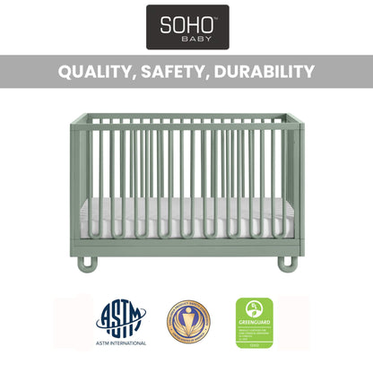 Soho Baby Meridian Island Crib - Olive Green, shown on a white background with the SOHO BABY logo at the top and certification badges at the bottom.